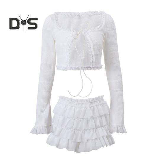 

Женский сексуальный комплект из двух мини-юбок с низкой талией, многоуровневая юбка с оборками, короткий расклешенный топ с длинными рукавами и завязками, комплект для вечеринки и клуба M белый