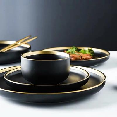 Porcelain Dinner Plates Dishes Plates and Bowls Set Black Tableware Set Food Plate Salad Soup Bowl Dinnerware Set for Restaurant