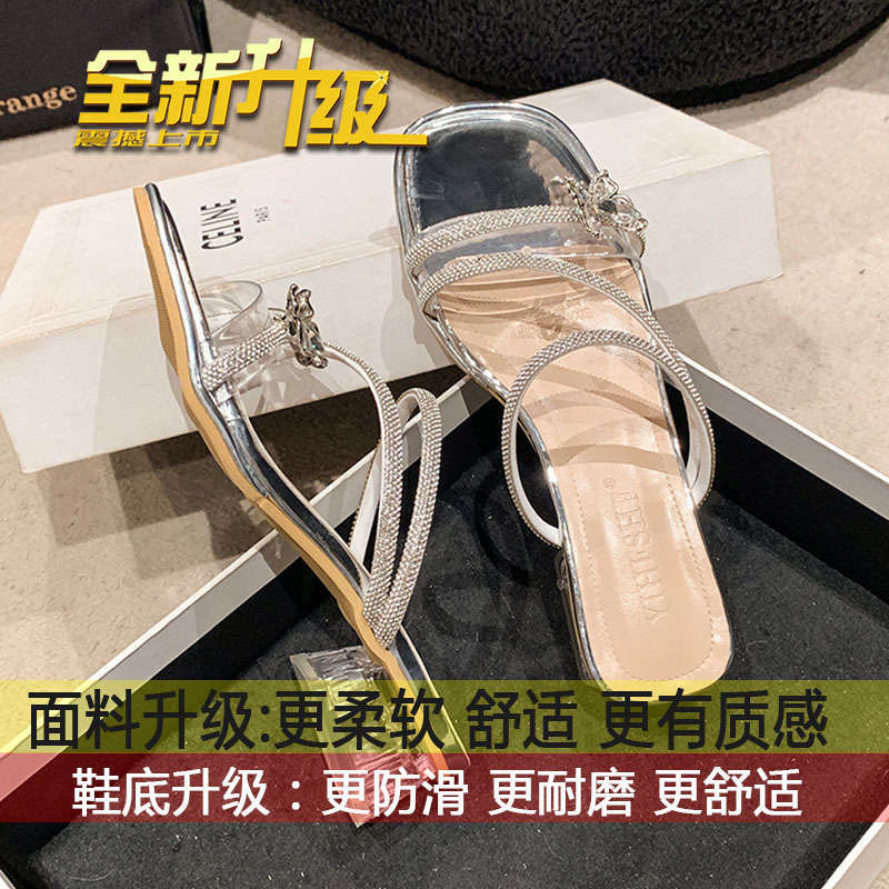 Fairy Wind Bow Rhinestone Temperament High Heel Crystal Sandals Women's Summer Wear 2025 New French Thick Heel Slippers