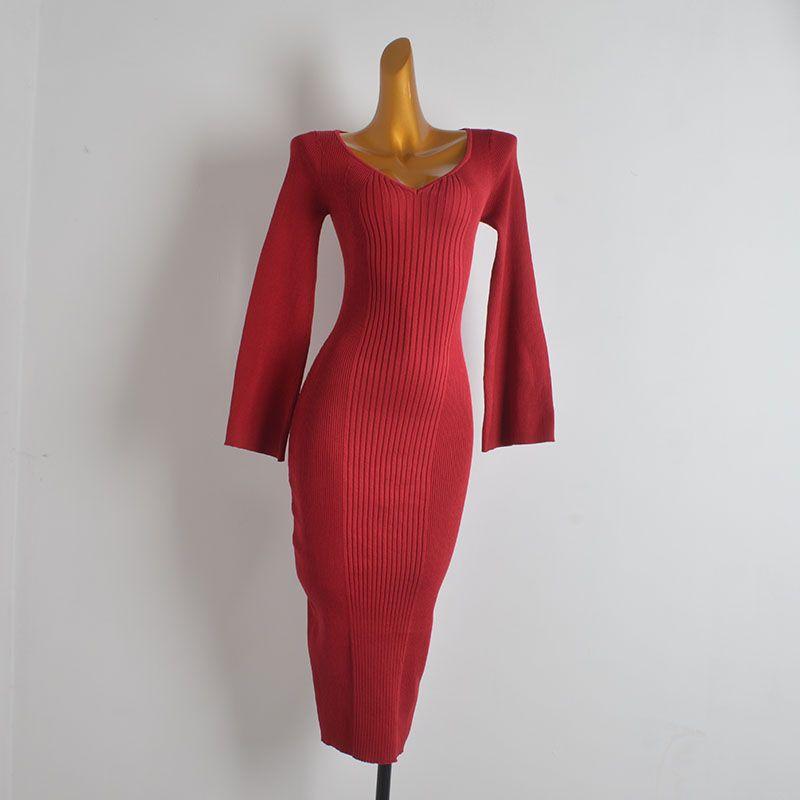 

Fashion Style New Arrival Solid Color and V-neck Sunken Stripe Bell Sleeve Knitting Dress Women s Fall/Winter Slim Sheath Dress Red 14
