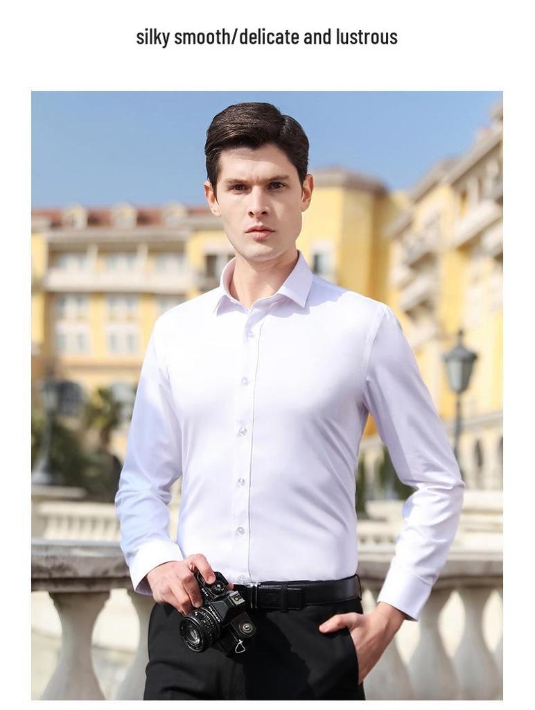 Men's Bamboo Fiber Iron-Free White Shirt - Long Sleeve, Stretch, Formal & Casual