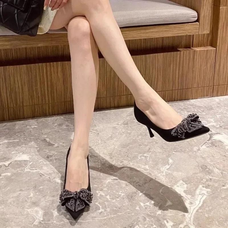 Elegant Woman Heeled Shoes 2025 Slip on Women's High Heels Classics Dress Pumps Women Pointed Toe String Bead Bow Tie Thin Heels