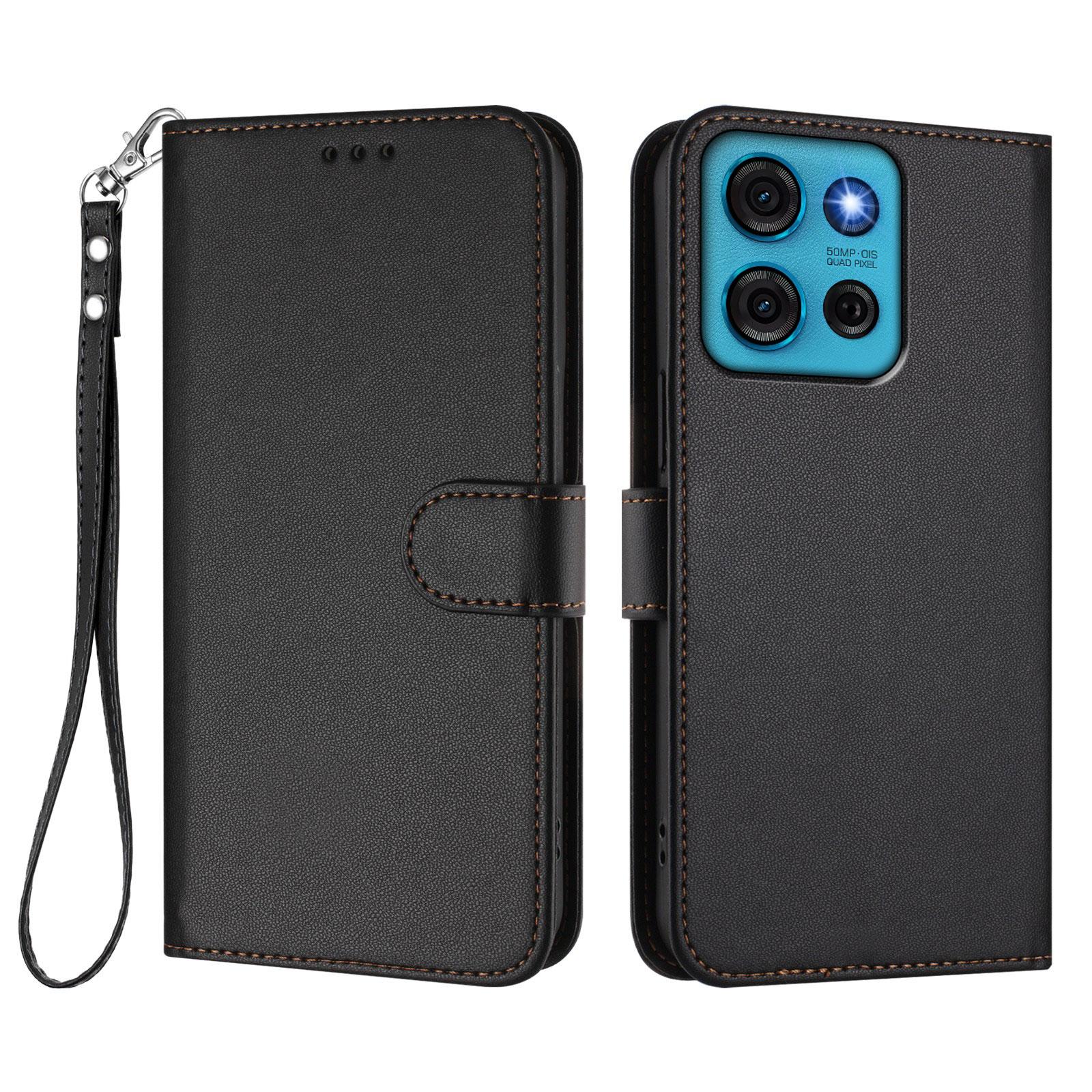 

For Motorola Moto G75 5G Leather Case Wallet Stand Phone Cover with Wrist Strap Black