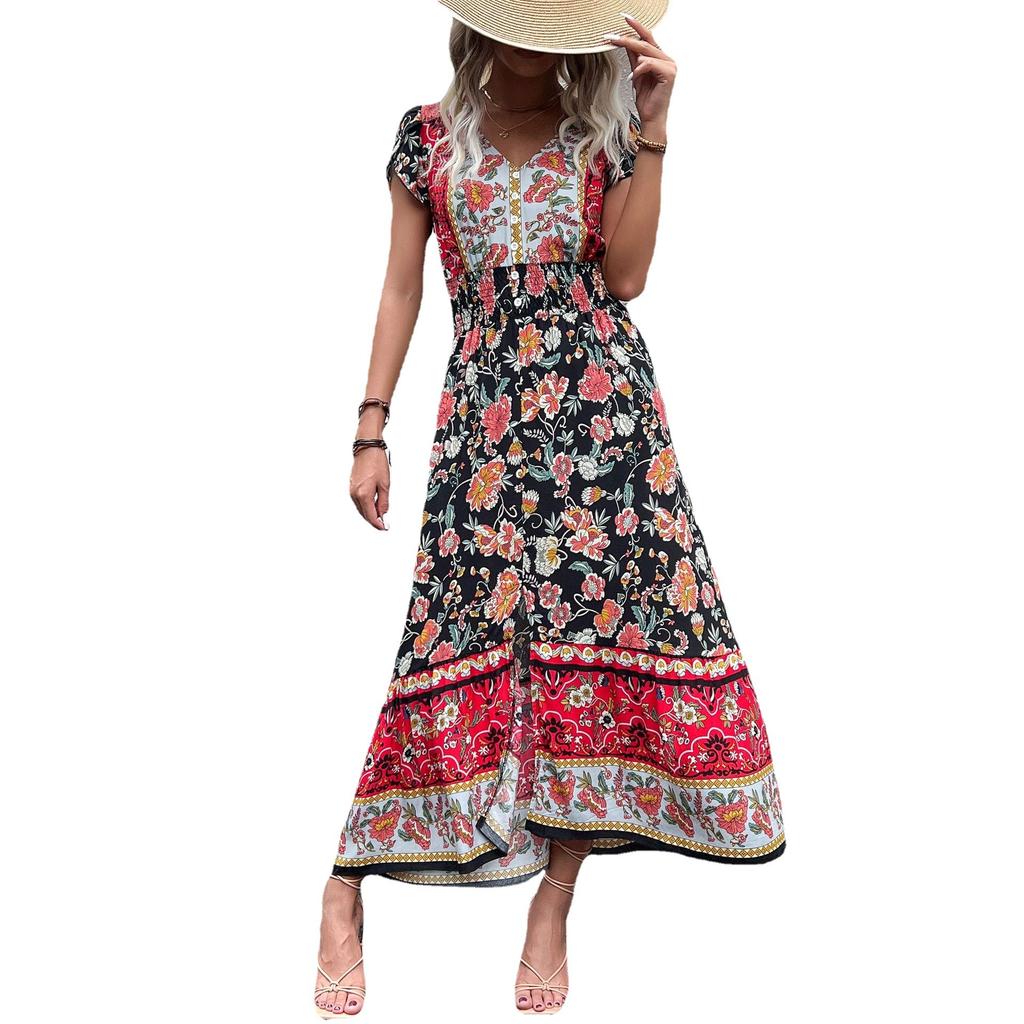 Popular 3 Summer New Long Skirt European and American V-neck Ethnic Printing Split-ended Dress