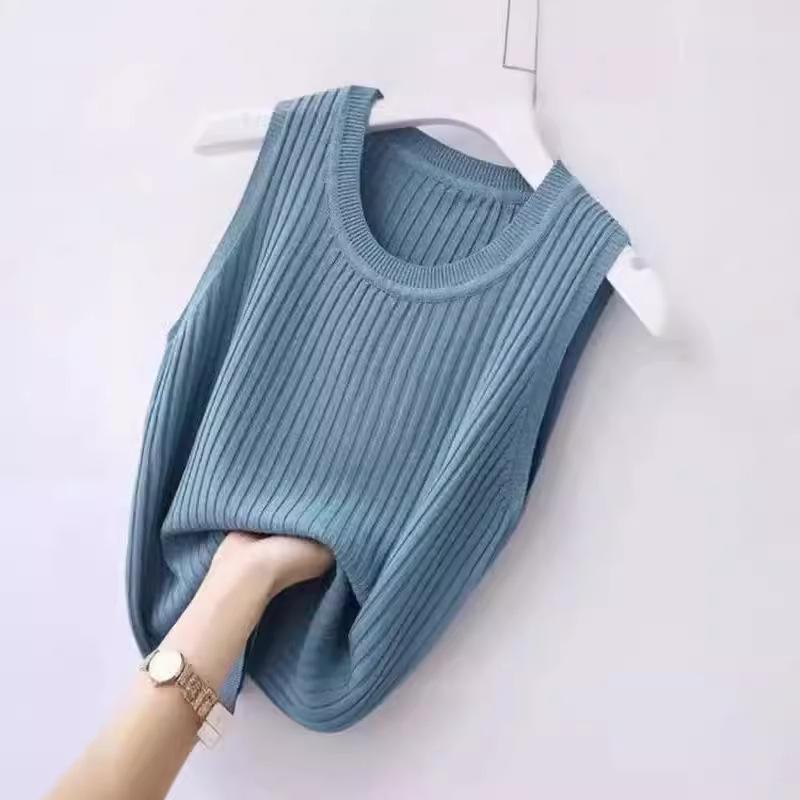 The New Vest Women's Outer Wear Is Slim-fitting Inside, Solid-color Threaded Round Neck Sleeveless Top Is Thin and Versatile, Large Size and Thin Base