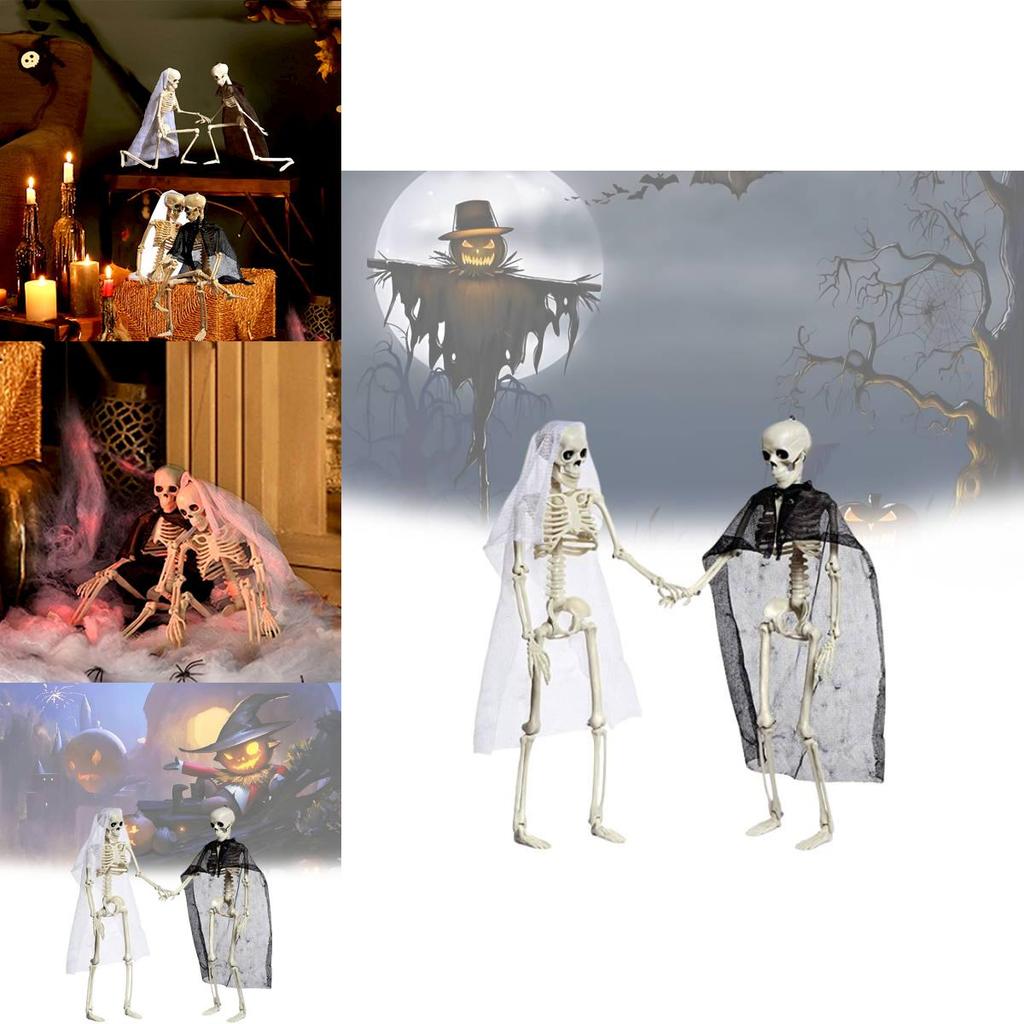 Festive Halloween Skeleton Couple Decorative Props Realistic Plastic Bride Groom Design 21x10cm