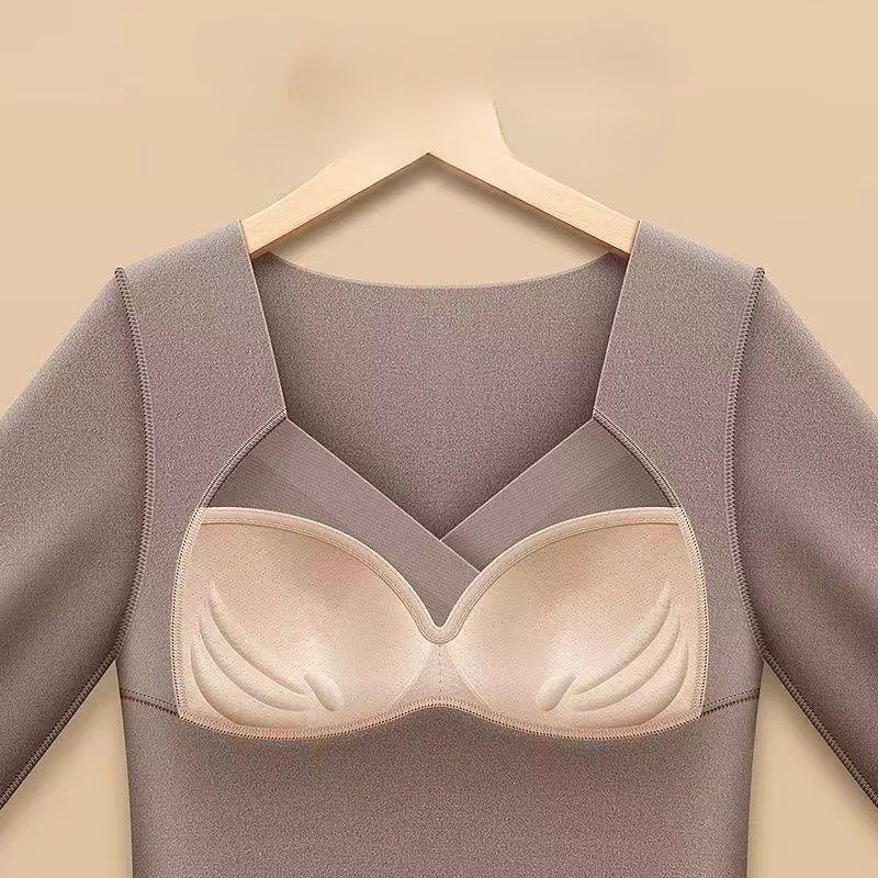 Women's Velvet Underwear with Chest Pad Autumn Winter Base Shirt Long Sleeve Thermal Underwear