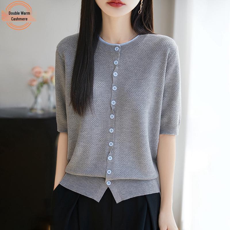 

2025 Women s Summer Chic Color Block Round Neck Knit Cardigan T-Shirt Extra Large