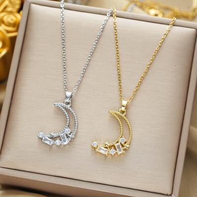 Collana Lunga Vuota con Zirconi Intarsiati a Forma di Stella e Luna Moda Donna
