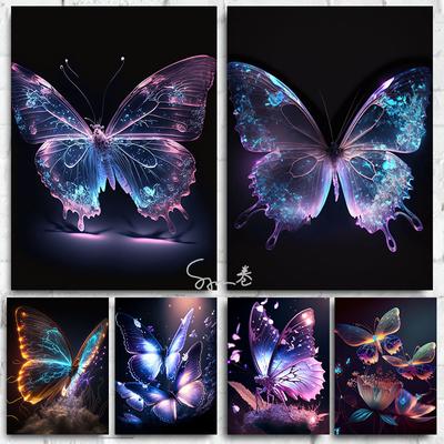 Colorful Neon Butterfly Poster Canvas Printing Fantasy Transparent Butterfly Wall Decor Home Living Room Wall Decor Aesthetic