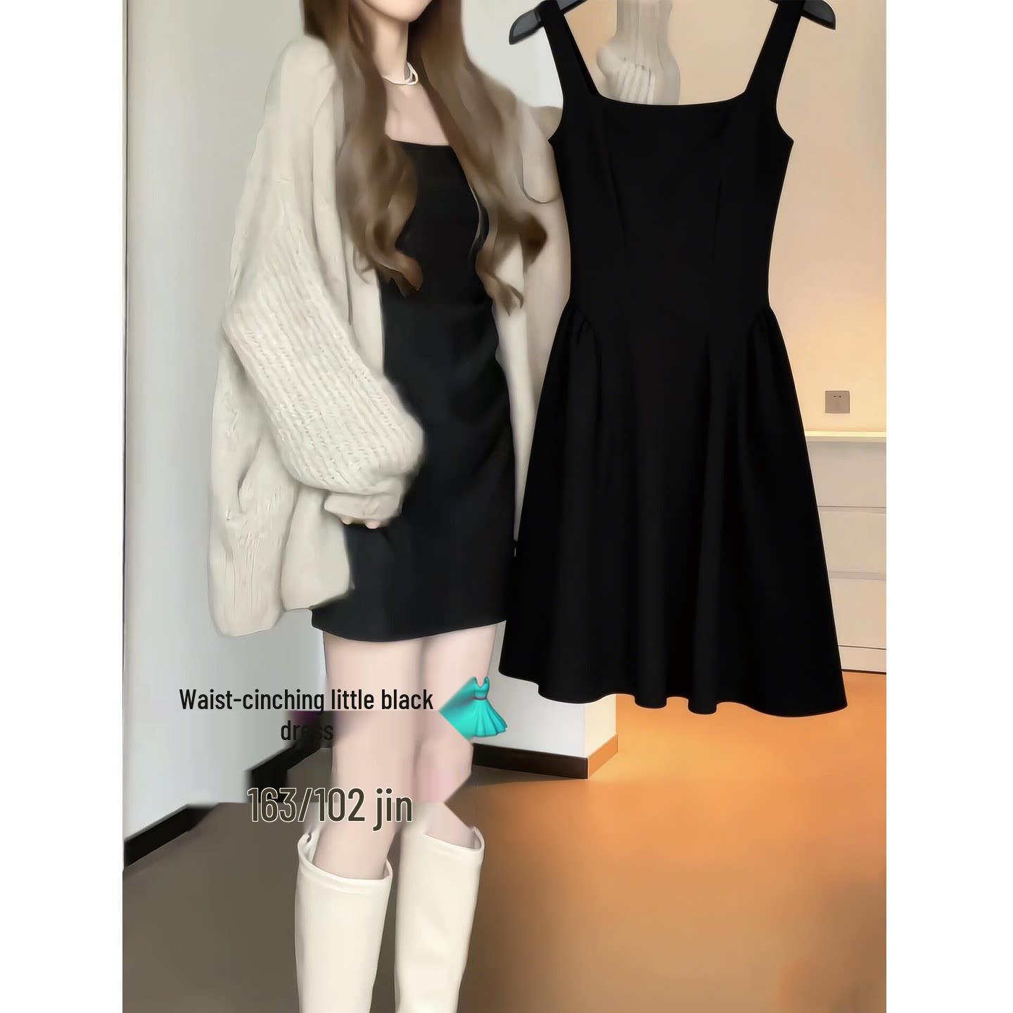 

Black Cinched Waist Slim Fit Camisole Dress: Women s Short Skirt Base Layer for Spring 2026 L