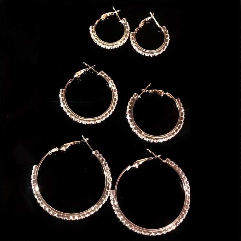 

6pcs full rhinestone C-shaped large hoop earrings, multi-size stackable vintage elegant style, ideal for party, vacation, date and daily wear золотий жовтий колір
