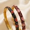 Romantic Red Floral Hand Cuff Bangle Dripping Oil Chinese Cloisonne Bracelet  Lady
