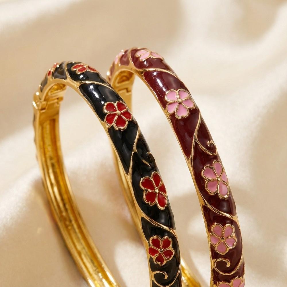 Romantic Red Floral Hand Cuff Bangle Dripping Oil Chinese Cloisonne Bracelet Lady