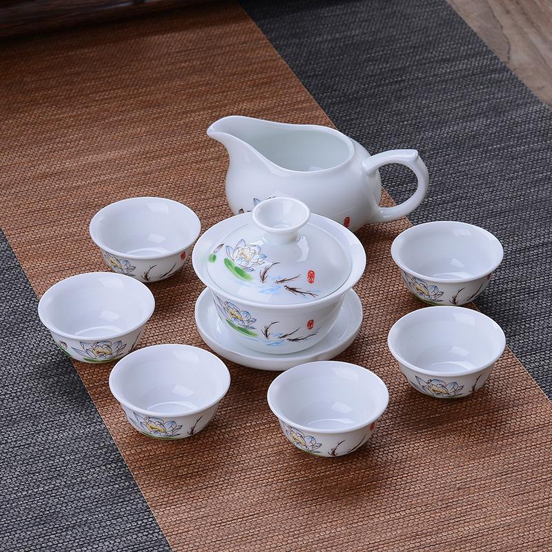 Tea Set Green Ceramic Home Brewing Tea Kung Fu Bowl Set of Simple Office Parlor Tea Cups