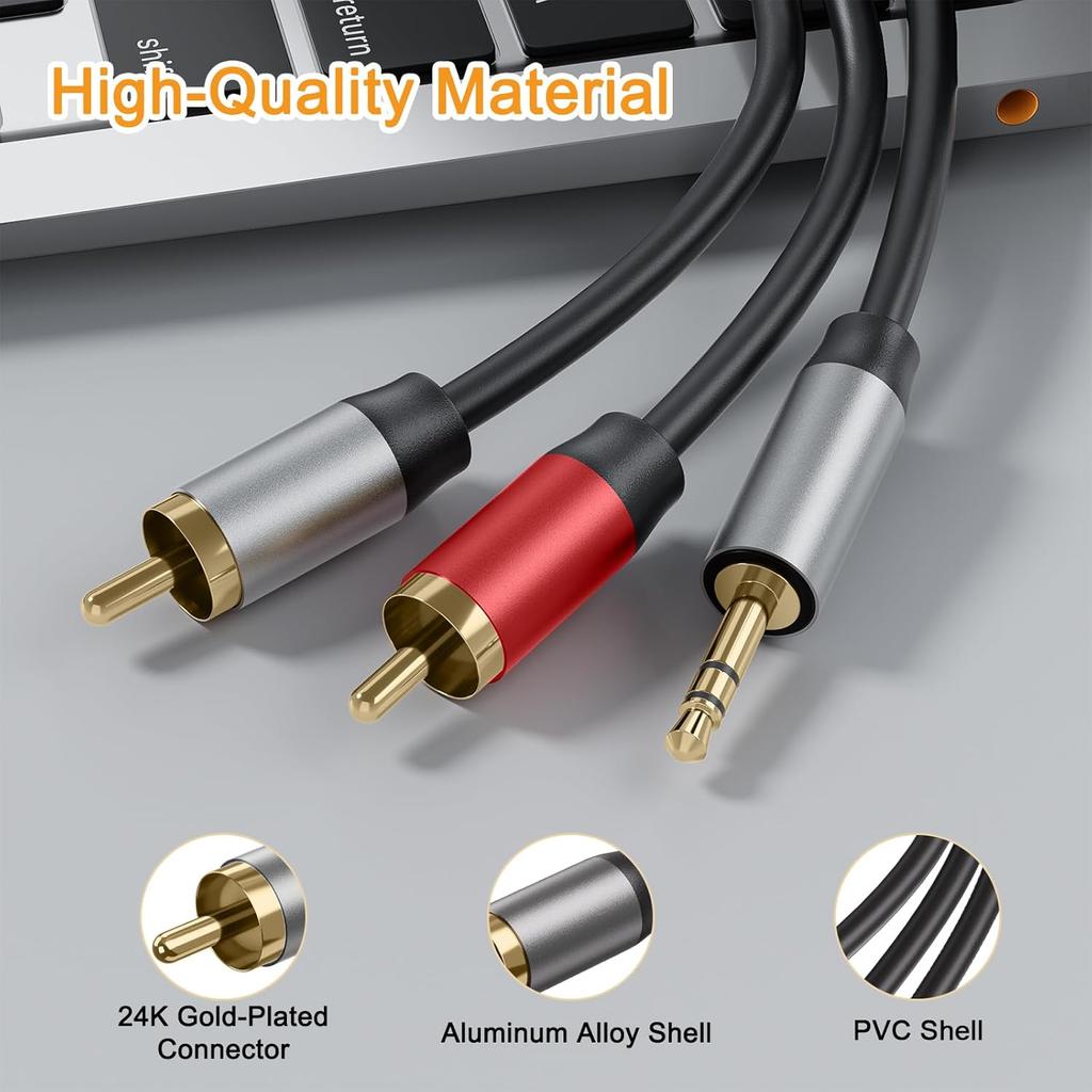 3.5mm to 2RCA Cable 4.9ft, Gold-Plated Aux to 2 x RCA Male to Male Headphone Jack Adapter, HiFi Stereo 1/8 Audio Y Splitter Cord for Smartphones,
