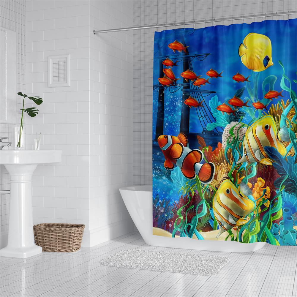 1pc Patternclownfish Ocean Shower Curtain Bathroom Partition Decorative Curtain Machine Washable Ocean Window Privacy Curtain