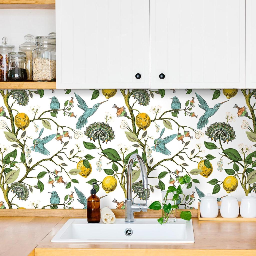 Tapet autoadeziv galben cu coajă de lămâie, floral, cu colibri, pentru decorarea suprafeței sertarelor de bucătărie, impermeabil