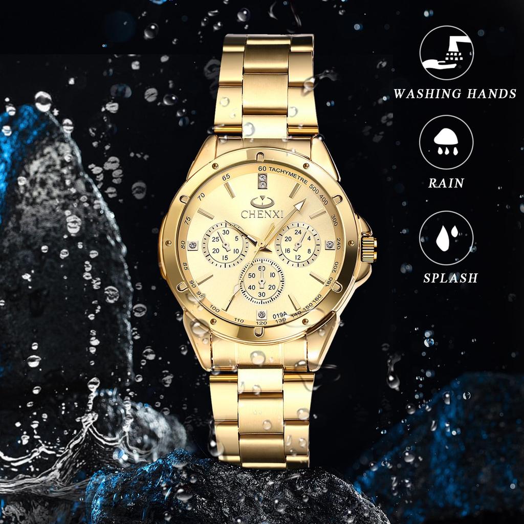 Women's Watch with Round Dial, Rainproof, Large Dial, Triple Lens, Stainless Steel, Bar Index, Quartz Movement, Adjustable, Gold Dial, Perfect Gift