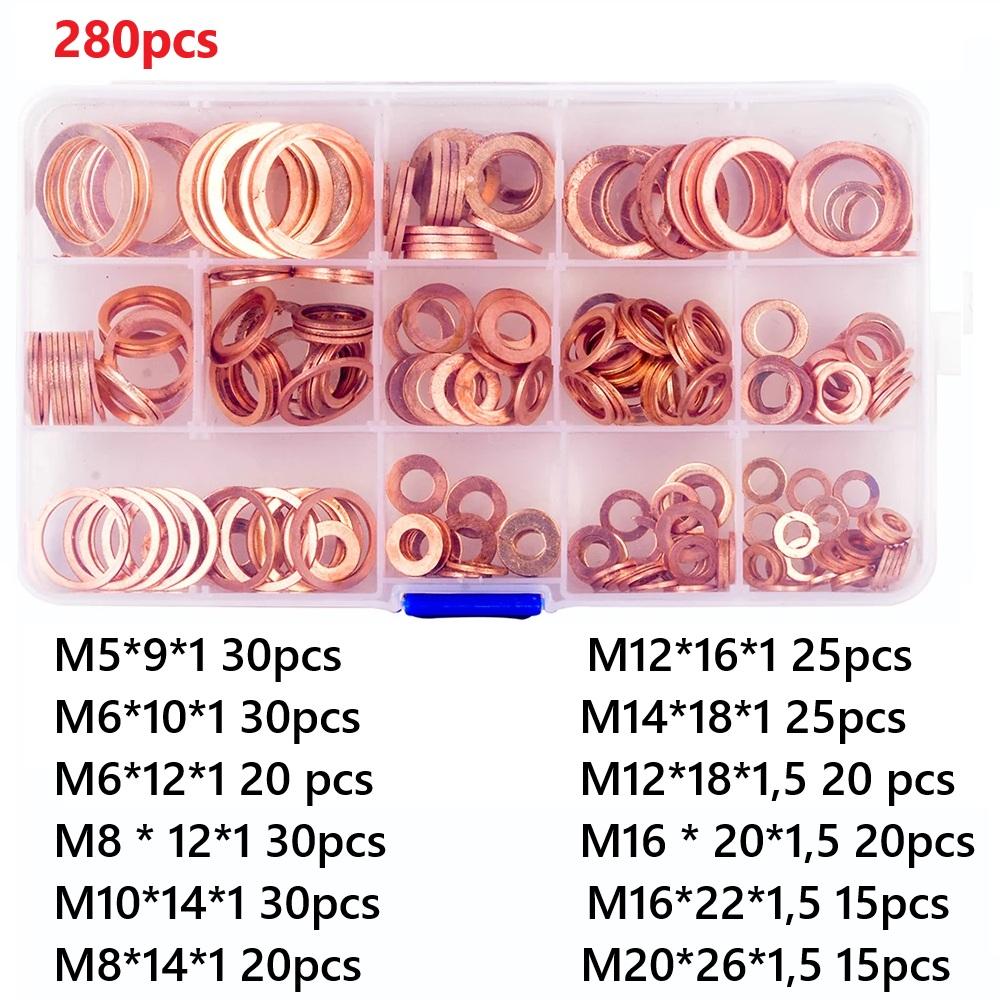 Red Copper Flat Washer Seal Ring Set Copper Washer Gasket  Set Flat Ring Seal Assortment Kit With Box 50/100/120/150/280pcs