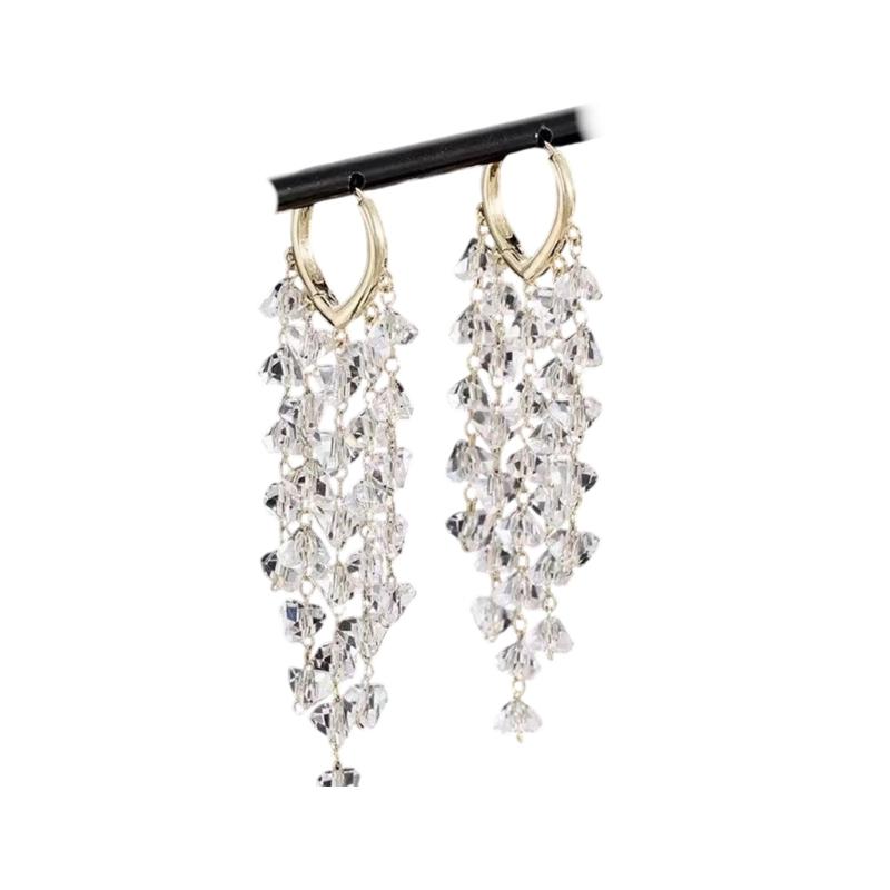 Long Crystal Fringe Earrings Slimming Design for Round Faces Sparkling Crystals for Parties Daily Wear Comfortable