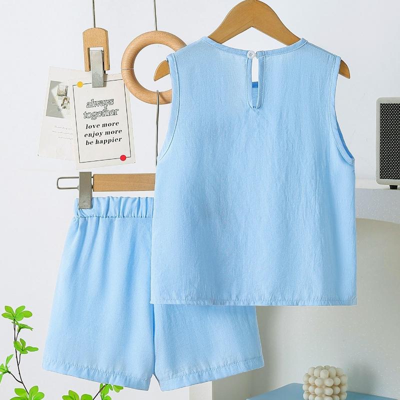 Girls' Fashion Sleeveless Tank Top Set Summer Children's Light Blue Bow-Embellished Patchwork Shorts Two-Piece Set