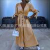 New European and American women's clothing summer spot collar cardigan pure cotton solid color waist dress