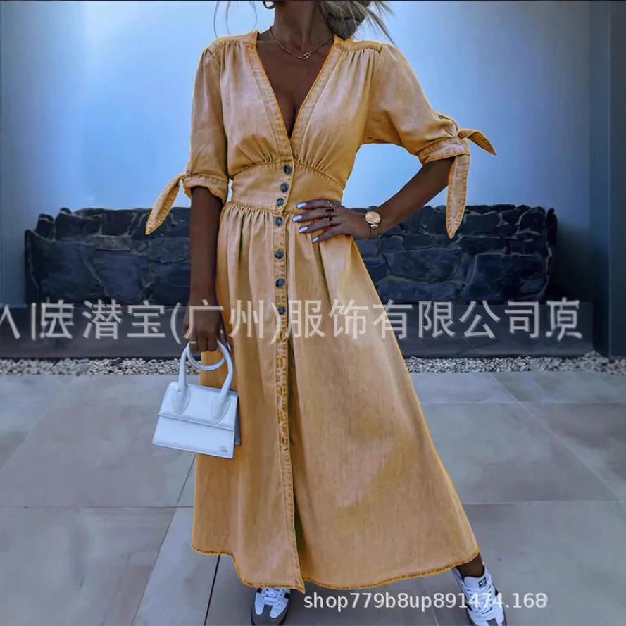 New European and American women's clothing summer spot collar cardigan pure cotton solid color waist dress