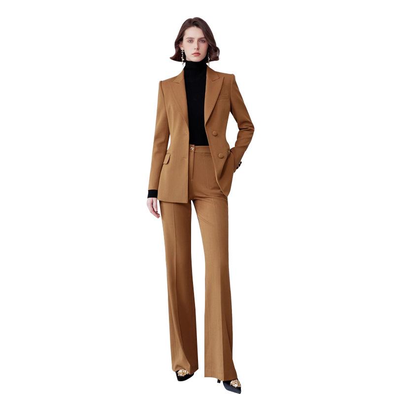 AD Gold Brown Wool Herringbone Suit: Autumn/Winter Formal Blazer & Wide-Leg Trousers