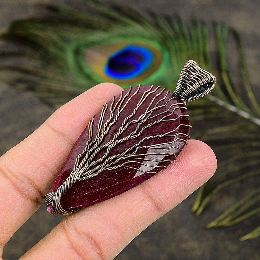 Rubin Piatră Prețioasă Naturală Lucrat Manual Bijuterie Pandantiv Înfășurat în Sârmă de Cupru 2.80" b2B22