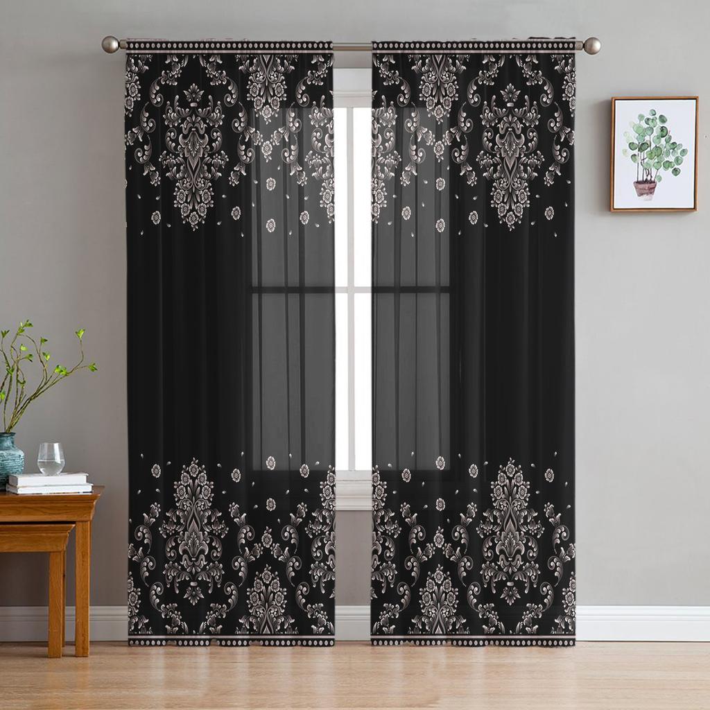 Retro Pattern Geometric Texture Art Deco Sheer Curtains for Living Room Decoration Window Curtain Kitchen Tulle Voile Drapes