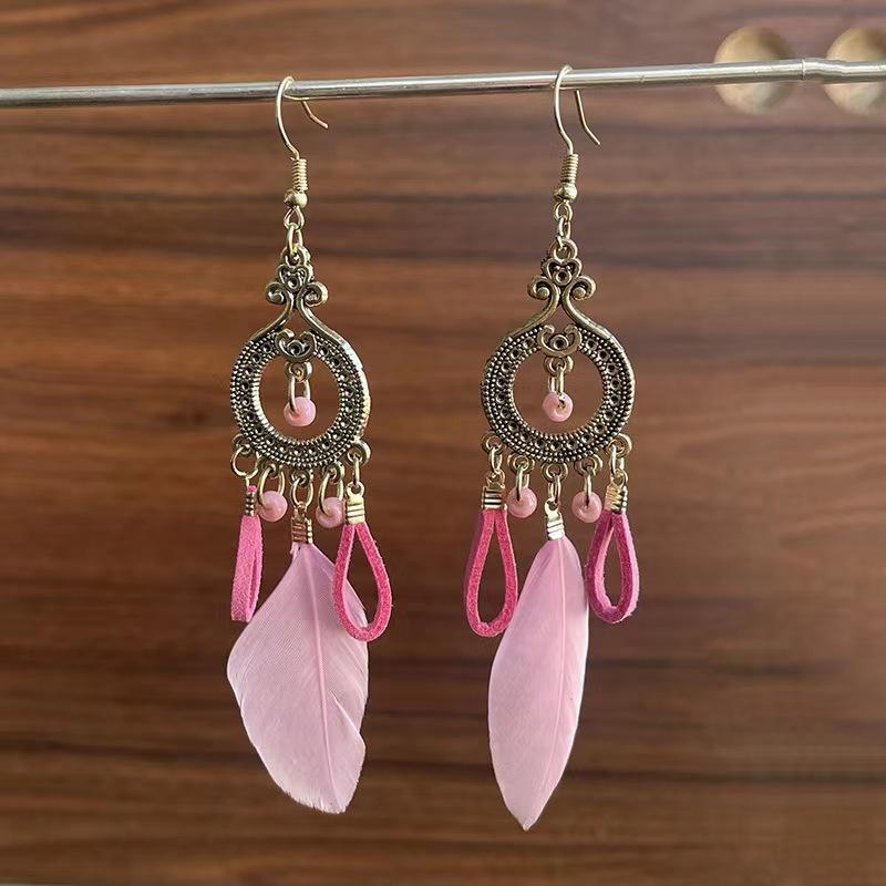 Ethnic Style Long Feathered Fringed Earrings Retro Bohemian Travel Auction Earrings Jewelry