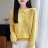 Elegant Wool Sweater: Women's Hollow-Stitch Long Sleeve Lapel Knitwear for Autumn and Winter