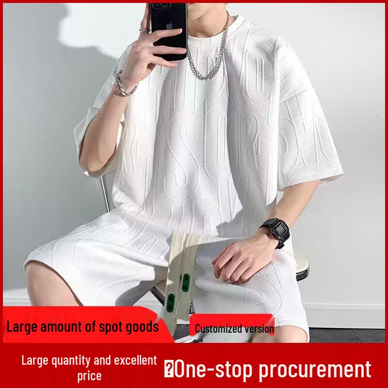 Men's Hong Kong Style Heavyweight Waffle T-shirt and Five-Point Pants Casual Sportswear Set