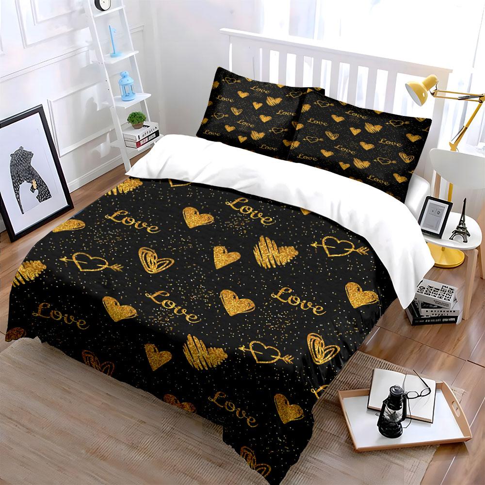 Golden Hearts Love Bedding Set Bedding Duvet Cover Set Duvet Cover Pillowcases (1 * Duvet Cover 2 * Pillowcases, without duvet insert)