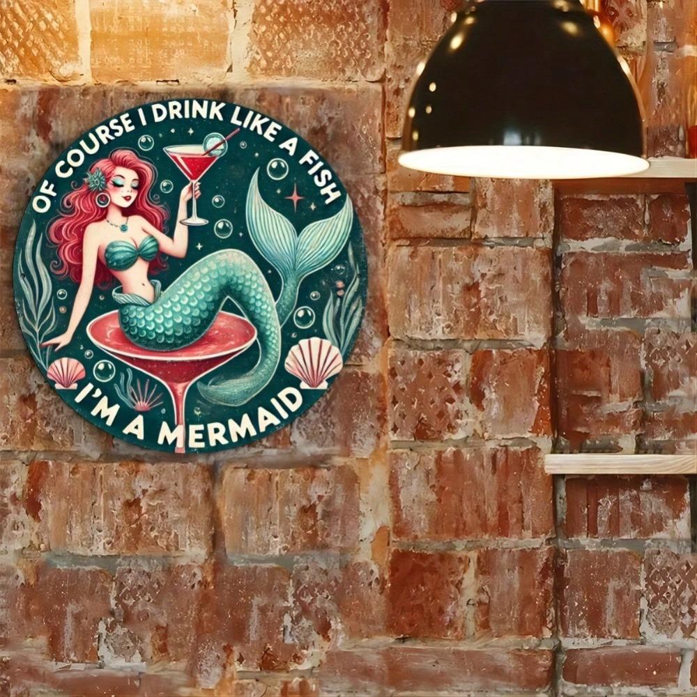 Art Mural Métallique Cocktail Sirène Panneau Rond 8x8 Pouces pour Décoration de Bar Maison Café
