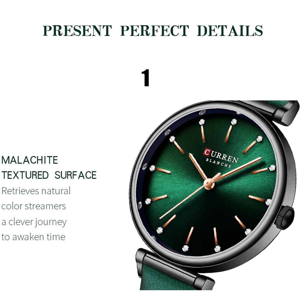 CURREN Dámské hodinky Nové TOP značkové luxusní Quartz náramkové hodinky s koženým ciferníkem s lesklými kamínky Zelené hodiny Dámské