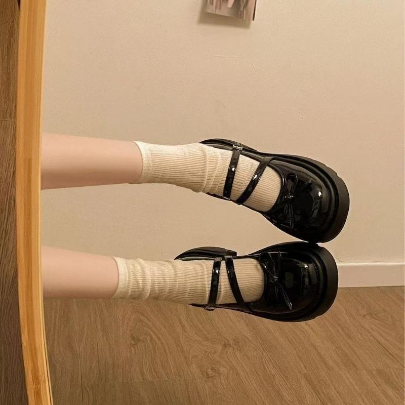 

Black bow platform British Mary Jane shoes women s summer new retro college style small leather shoes 40 чёрный