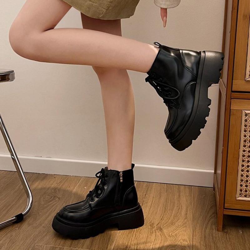 Mode Plateau Dicke Sohle Warmes Kurzes Plüsch Damen Motorradstiefel Mode Schnürschuhe Herbst Winter Weibliche Kurze Stiefeletten