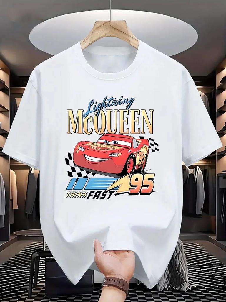 Disney Bil Blixten McQueen Herr T-shirt, Ren Bomull Kortärmad Ledig och Bekväm Streetwear T-shirt