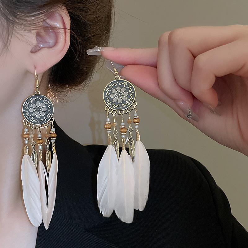 Bohemian Feather Seed Bead Tassel Earrings - Retro Ethnic Dangle Jewelry
