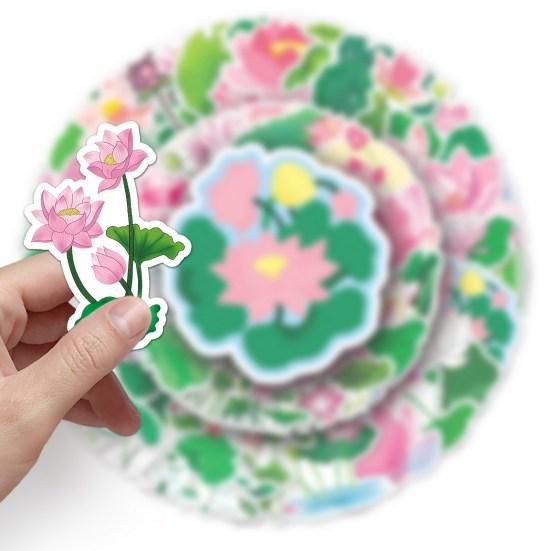 50 Stück Scrapbooking-Aufkleber, entzückender selbstklebender Lotus-Aufkleber ohne Rückstände, für Laptop, Telefonabdeckung, Schulbedarf