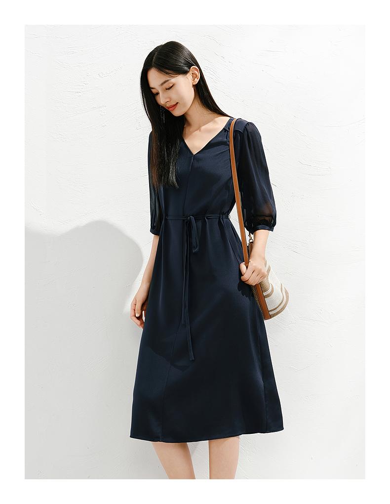 Jiuzi Anna Kou Elegant and Dignified Temperament Extremely Simple Style Mulberry Silk Waist Cinched Dress for Women 2025 Summer New Item