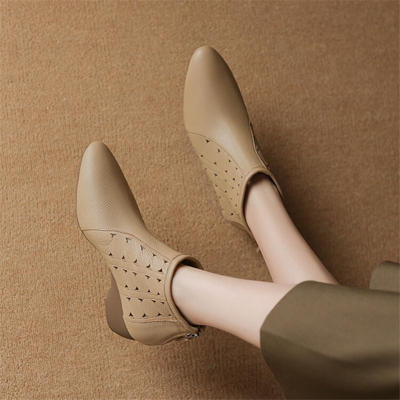 Mode Neue Herbst Echtes Leder Damenstiefel Lässige Kurze Stiefel für Damen Mode Ausgeschnittene Stiefel Klobige Absätze Keile Damenschuhe