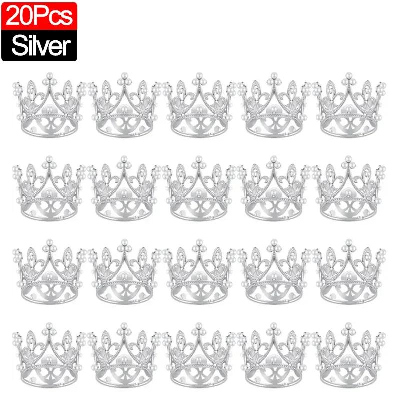 20/1Pcs Mini Crown Cake Decoration Pearl Tiara Gold Silver Crowns Cake Topper for Children Hair Ornaments Wedding Birthday Party