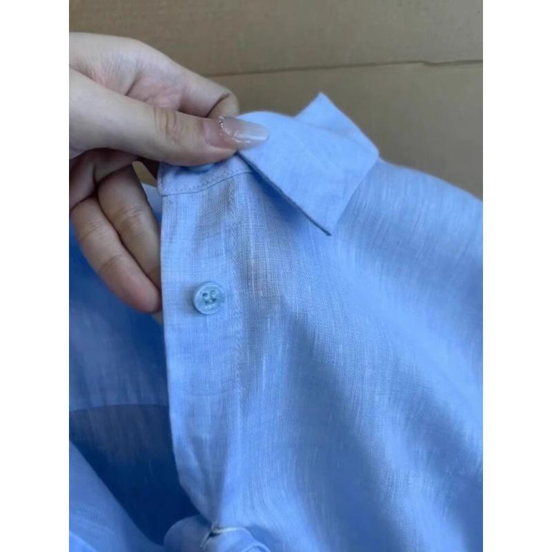 Blue linen shirt jacket women's summer thin old money wind cotton and linen shirt loose casual sunscreen top