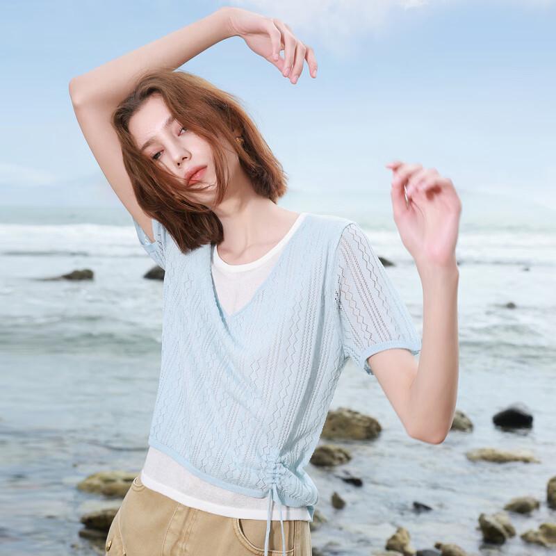 Women's Faux Two-Piece V-Neck Short Sleeve Knitted Top