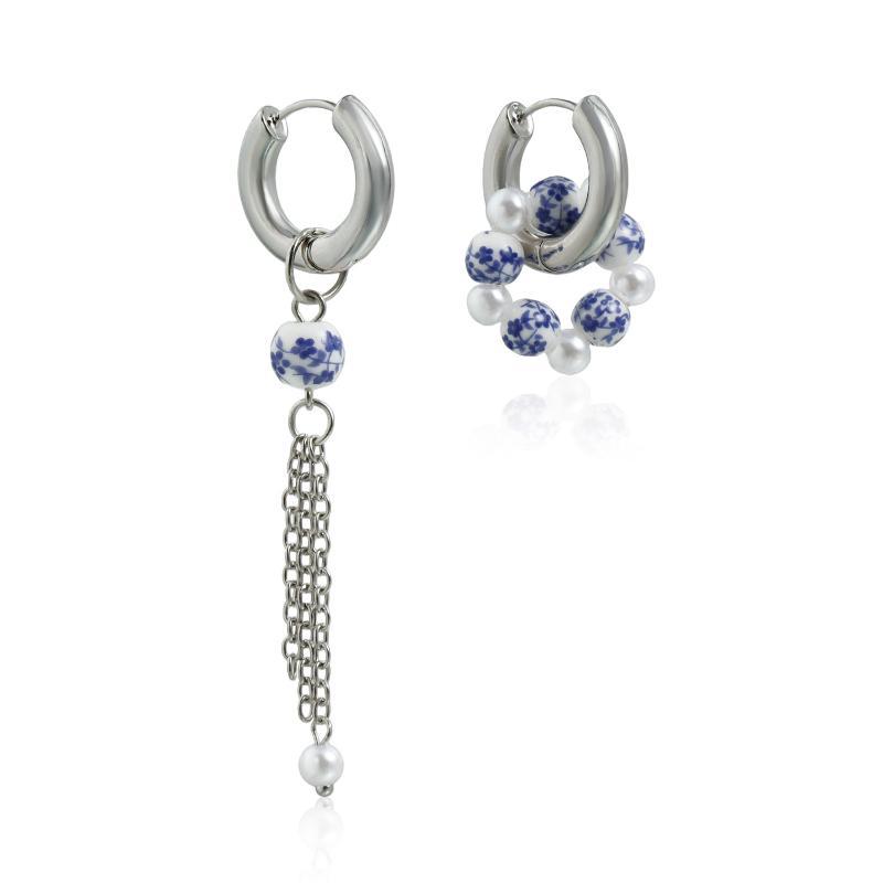1Pair Blue White Color Ceramic Pendant Earrings Ear Buckle Chinese Style Ear Buckle Hanfu Round Bead Heart-Shaped Earrings