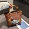 New Woven Niche Design Vegetable Basket Bag Retro Striped Dachshund Multi-color Commuting Large-capacity Handbag Bag