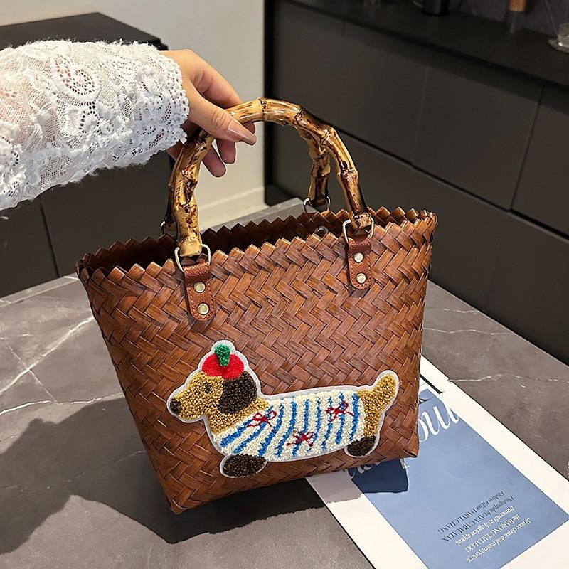 New Woven Niche Design Vegetable Basket Bag Retro Striped Dachshund Multi-color Commuting Large-capacity Handbag Bag